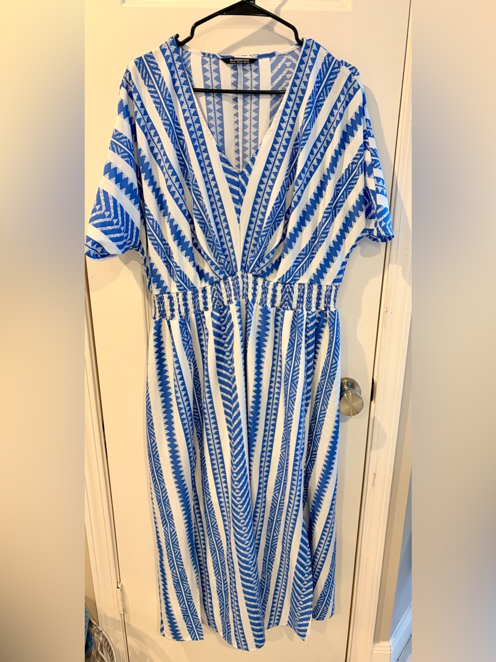 BloomChic Blue and White V-Neck Striped Midi Dress Size 14/16
